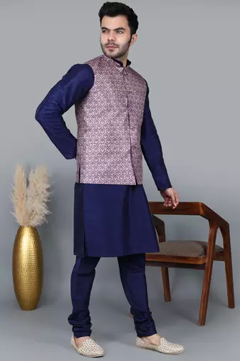 Men   s navy blue kurta churidar with printed pink waistcoat (rg-19548-36)