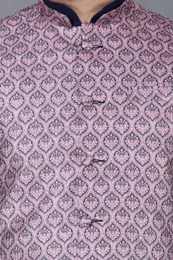 Men   s navy blue kurta churidar with printed pink waistcoat (rg-19548-36)