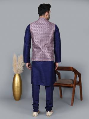 Men   s navy blue kurta churidar with printed pink waistcoat (rg-19548-36) 5