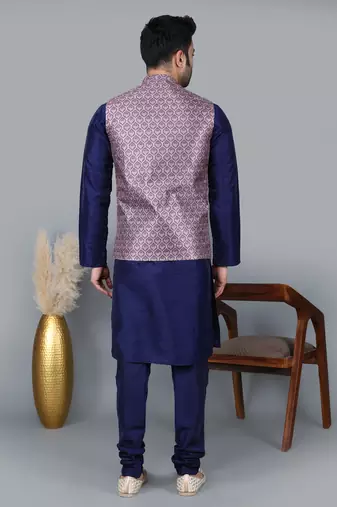 Men   s navy blue kurta churidar with printed pink waistcoat (rg-19548-36)