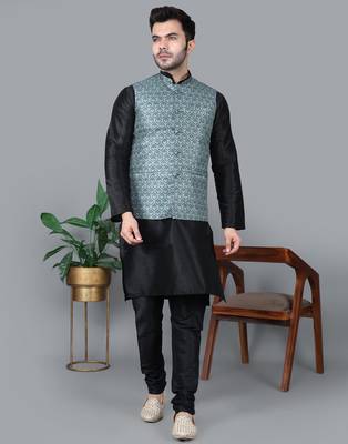 Men   s black kurta churidar with gray printed waistcoat (rg-19549-36) 1