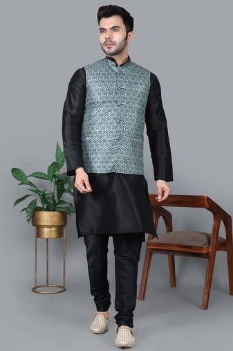 Men’s black kurta churidar with gray printed waistcoat (rg-19549-36)