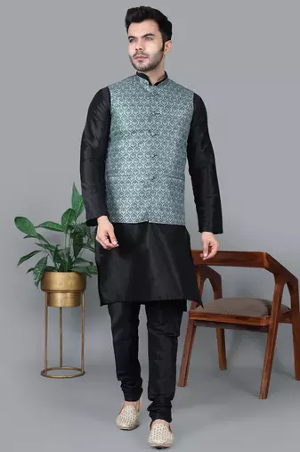 Men’s black kurta churidar with gray printed waistcoat (rg-19549-36)