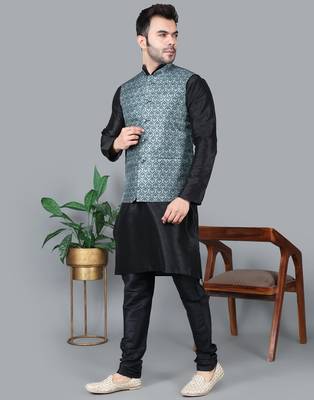 Men   s black kurta churidar with gray printed waistcoat (rg-19549-36) 2
