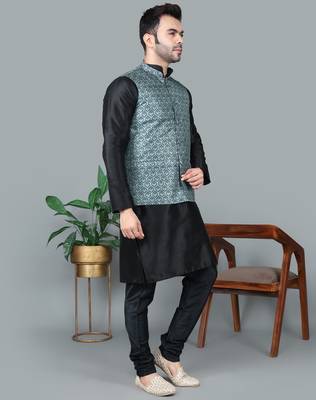 Men   s black kurta churidar with gray printed waistcoat (rg-19549-36) 3
