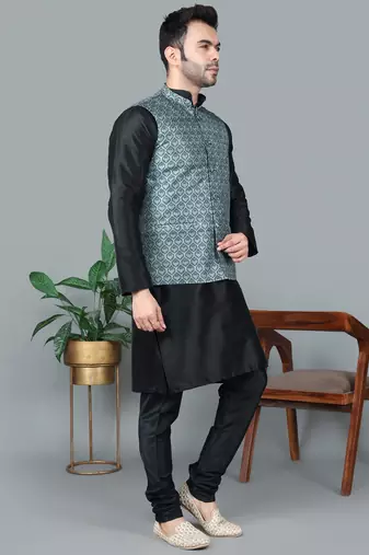 Men   s black kurta churidar with gray printed waistcoat (rg-19549-36)