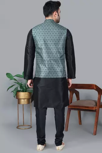 Men   s black kurta churidar with gray printed waistcoat (rg-19549-36)