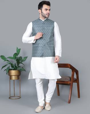 Men   s cream kurta churidar with gray printed waistcoat (rg-19550-36) 1