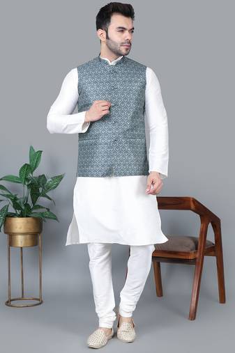 Men’s cream kurta churidar with gray printed waistcoat (rg-19550-36)
