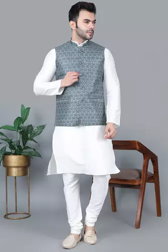 Men’s cream kurta churidar with gray printed waistcoat (rg-19550-36)