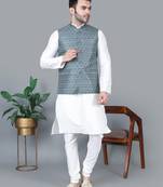 Men’s cream kurta churidar with gray printed waistcoat (rg-19550-36)