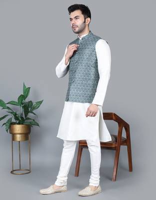 Men   s cream kurta churidar with gray printed waistcoat (rg-19550-36) 2