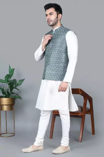 Men   s cream kurta churidar with gray printed waistcoat (rg-19550-36)
