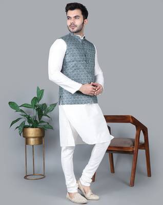 Men   s cream kurta churidar with gray printed waistcoat (rg-19550-36) 3
