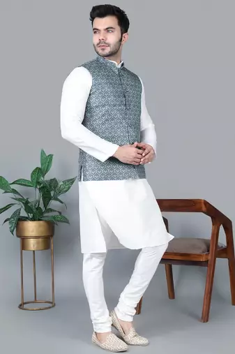 Men   s cream kurta churidar with gray printed waistcoat (rg-19550-36)