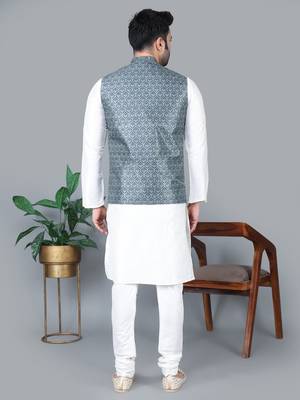 Men   s cream kurta churidar with gray printed waistcoat (rg-19550-36) 5