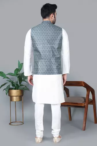 Men   s cream kurta churidar with gray printed waistcoat (rg-19550-36)