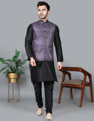 Men   s black kurta churidar with printed purple waistcoat (rg-19551-36) 1