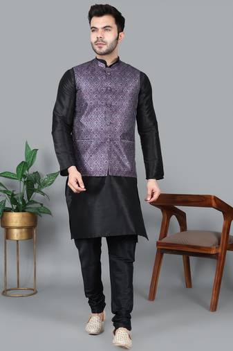 Men’s black kurta churidar with printed purple waistcoat (rg-19551-36)