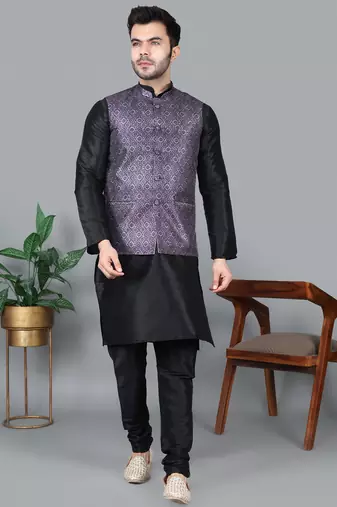 Men’s black kurta churidar with printed purple waistcoat (rg-19551-36)