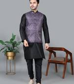 Men’s black kurta churidar with printed purple waistcoat (rg-19551-36)