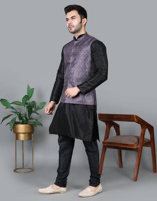 Men   s black kurta churidar with printed purple waistcoat (rg-19551-36) 2