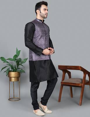Men   s black kurta churidar with printed purple waistcoat (rg-19551-36) 3