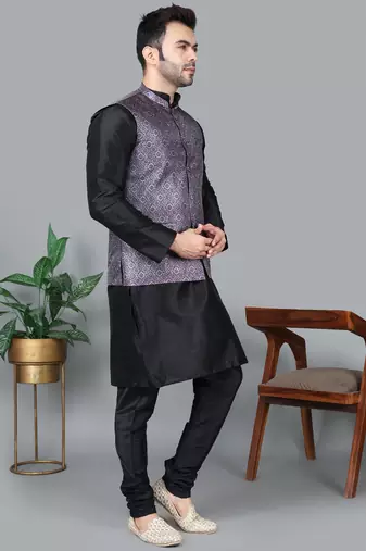 Men   s black kurta churidar with printed purple waistcoat (rg-19551-36)