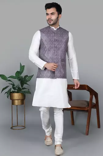 Men’s cream kurta churidar with printed purple waistcoat (rg-19552-36)