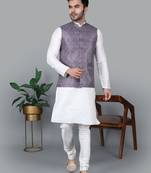 Men’s cream kurta churidar with printed purple waistcoat (rg-19552-36)