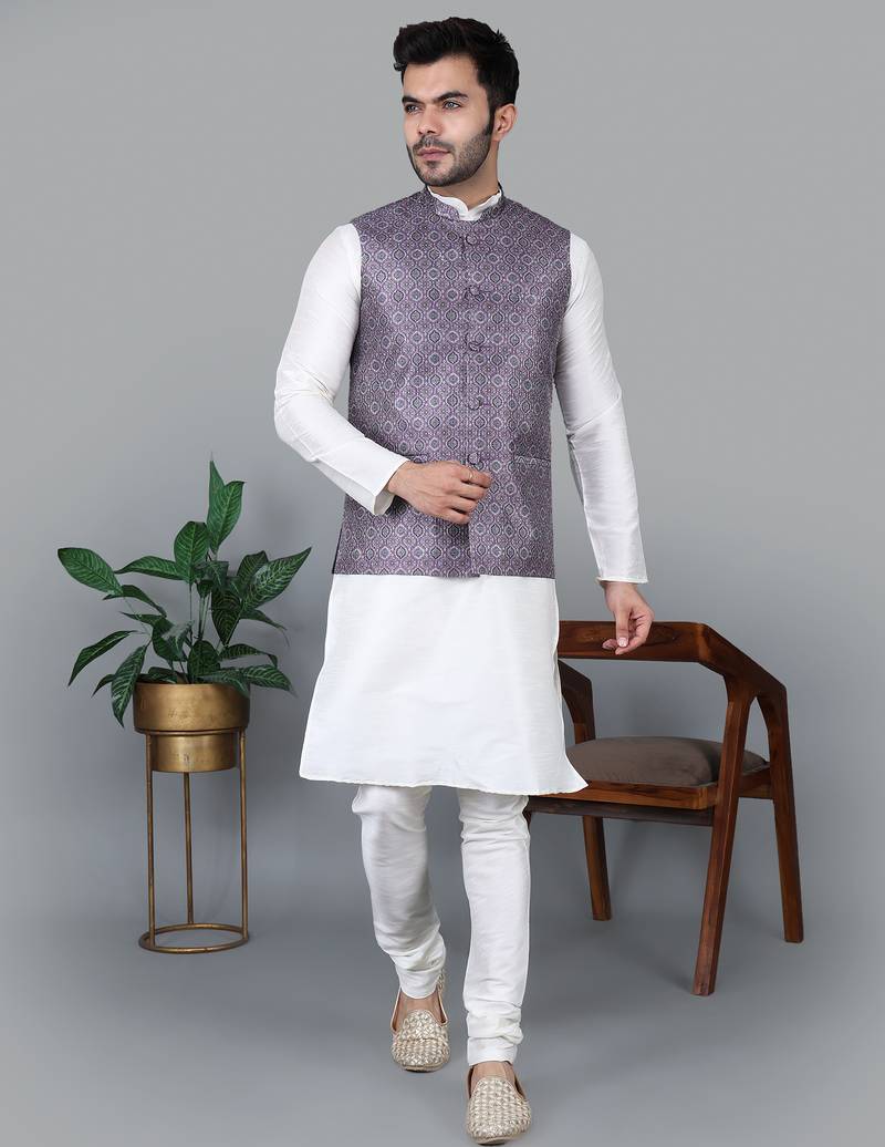 Men’s cream kurta churidar with printed purple waistcoat (rg-19552-36)