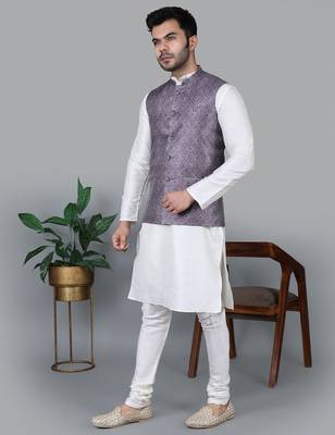 Men   s cream kurta churidar with printed purple waistcoat (rg-19552-36) 2