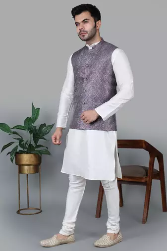 Men   s cream kurta churidar with printed purple waistcoat (rg-19552-36)