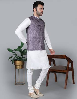 Men   s cream kurta churidar with printed purple waistcoat (rg-19552-36) 3