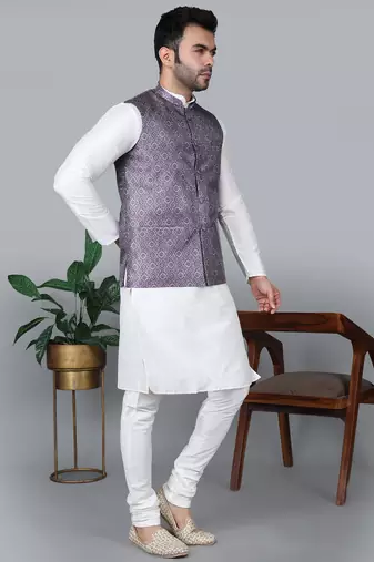 Men   s cream kurta churidar with printed purple waistcoat (rg-19552-36)
