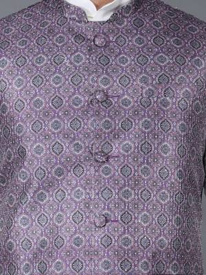 Men   s cream kurta churidar with printed purple waistcoat (rg-19552-36) 4
