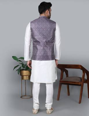Men   s cream kurta churidar with printed purple waistcoat (rg-19552-36) 5