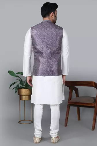 Men   s cream kurta churidar with printed purple waistcoat (rg-19552-36)