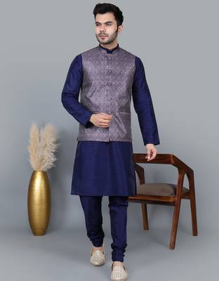Men   s navy blue kurta churidar with printed purple waistcoat (rg-19553-36) 1
