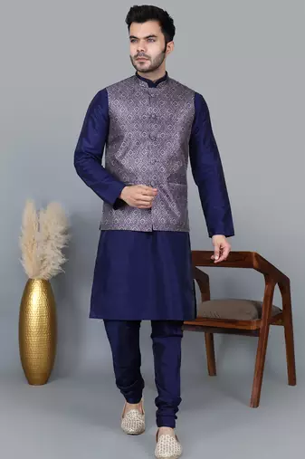 Men’s navy blue kurta churidar with printed purple waistcoat (rg-19553-36)