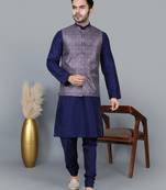 Men   s navy blue kurta churidar with printed purple waistcoat (rg-19553-36)