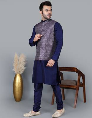 Men   s navy blue kurta churidar with printed purple waistcoat (rg-19553-36) 2