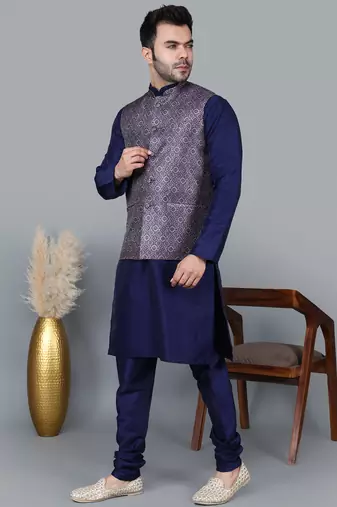 Men   s navy blue kurta churidar with printed purple waistcoat (rg-19553-36)