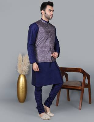 Men   s navy blue kurta churidar with printed purple waistcoat (rg-19553-36) 3