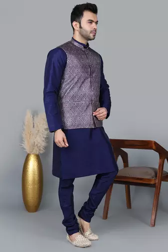 Men   s navy blue kurta churidar with printed purple waistcoat (rg-19553-36)