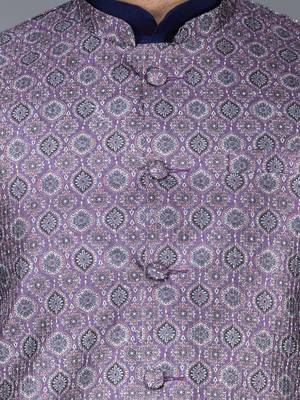 Men   s navy blue kurta churidar with printed purple waistcoat (rg-19553-36) 4