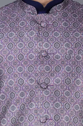 Men   s navy blue kurta churidar with printed purple waistcoat (rg-19553-36)