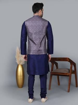 Men   s navy blue kurta churidar with printed purple waistcoat (rg-19553-36) 5