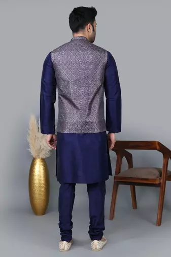 Men   s navy blue kurta churidar with printed purple waistcoat (rg-19553-36)