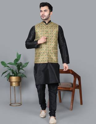 Men   s black kurta churidar with blue flower waistcoat (rg-19554-36) 1